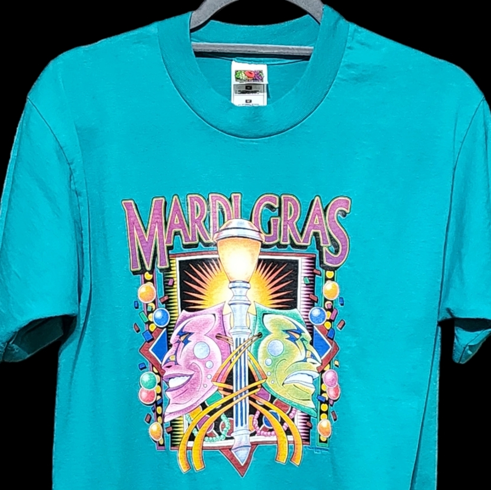Vtg 90s Mardi Gras Graphic T Shirt Size M Fruit of The Loom Short Sleeve